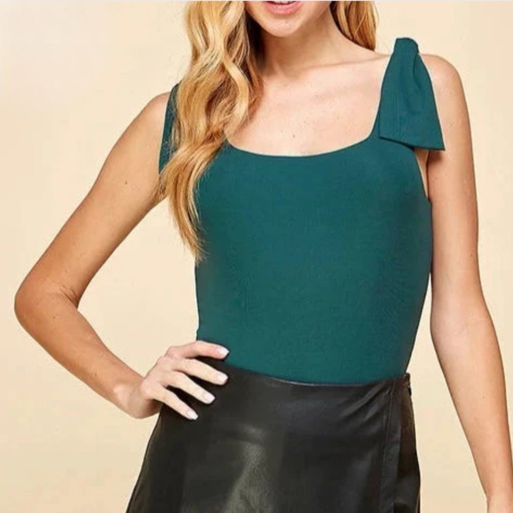 TCEC Tie Shoulder Bodysuit in Dark Teal Classic Minimalist Vibes